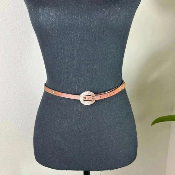 Saddle Brown Leather Skinny Women’s Belt with Copper Tone Carved Buckle - Picture 1 of 13